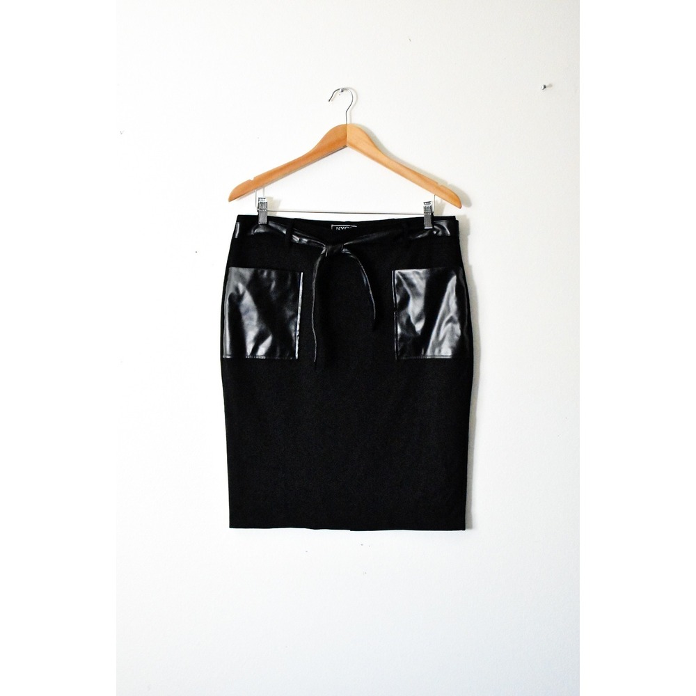 NYCC Pencil Skirt Women L Black Excellent Faux Leather‎ Trim Tie Waist Stretch